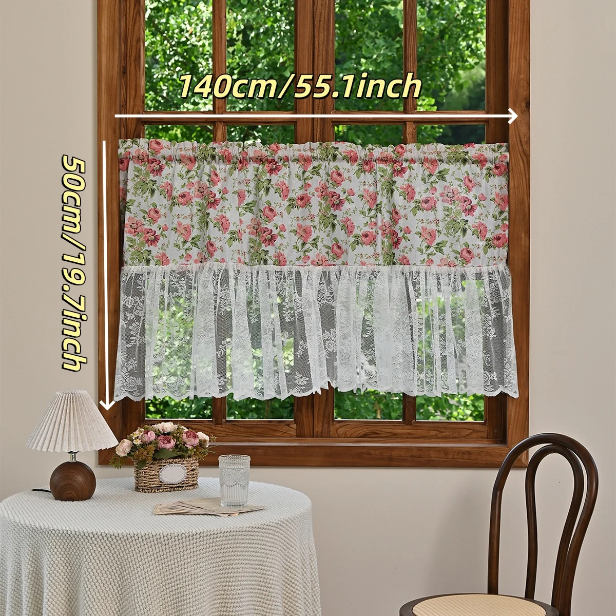 1PC 140x50cm Vintage floral patterns Short Curtain, Lace Splicing Window Curtains for Kitchen, Bathroom, Living Room, Bedroom, H