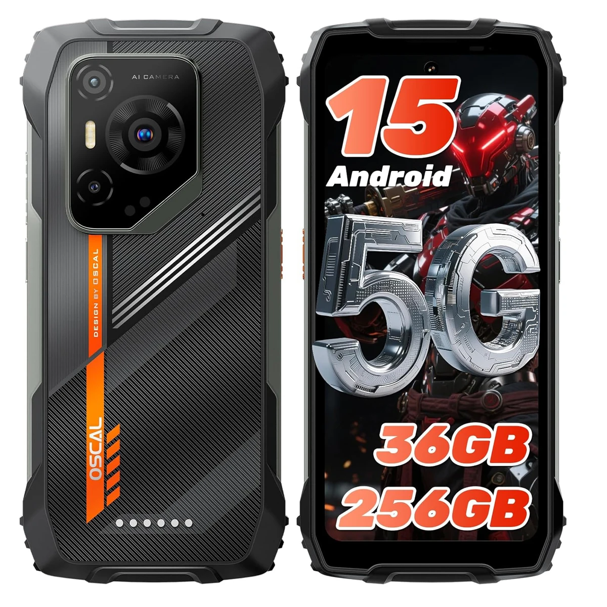 Téléphone robuste OSCAL PILOT 3, Smartphone robuste Android 15 5G Dimensity 6300, (12 + 24) Go de RAM 256 Go de ROM, écran 6,78" 120 Hz, 7700 mAh