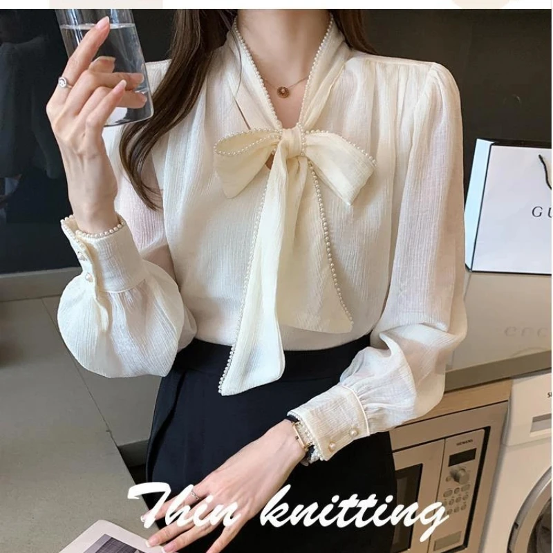 อารมณ์แขนยาวหลวมเสื้อแนวโน้ม Bow Lacing All-Match Elegant เสื้อฤดูใบไม้ผลิแฟชั่นผู้หญิงเกาหลีเสื้อผ้า