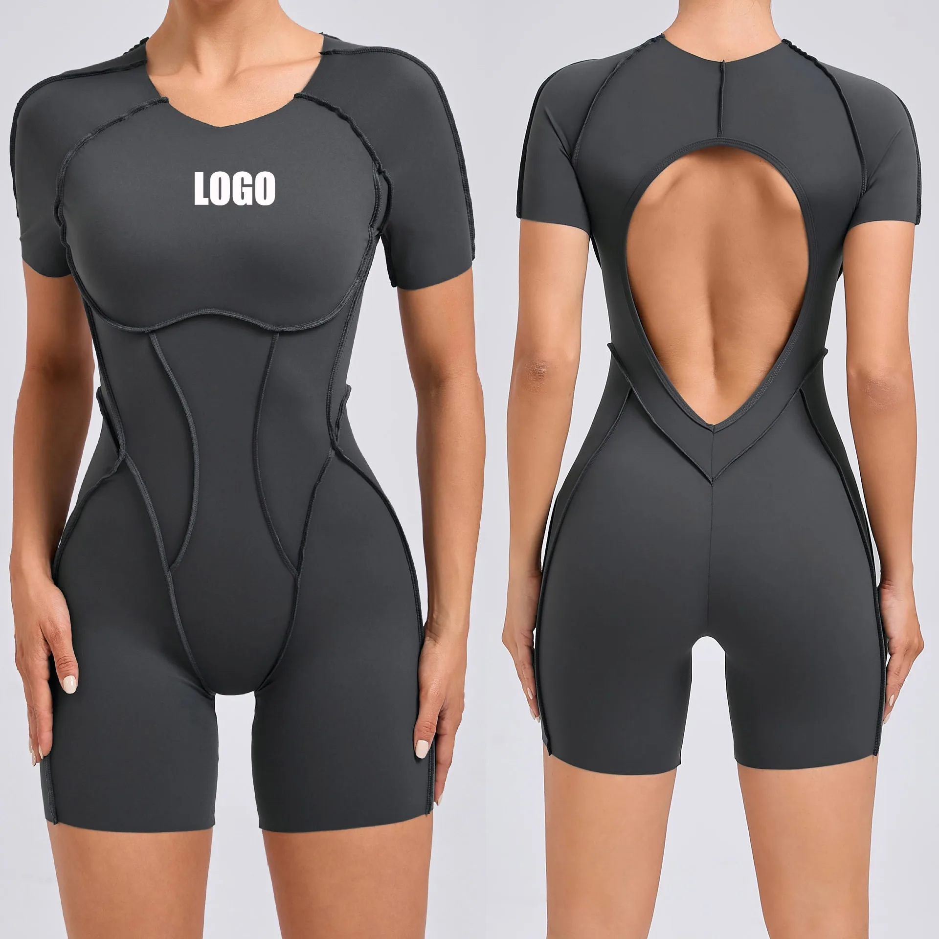 Customized LOGO women's three-dimensional aesthetic sports one-piece yoga clothes tight short-sleeved hollow back onesie