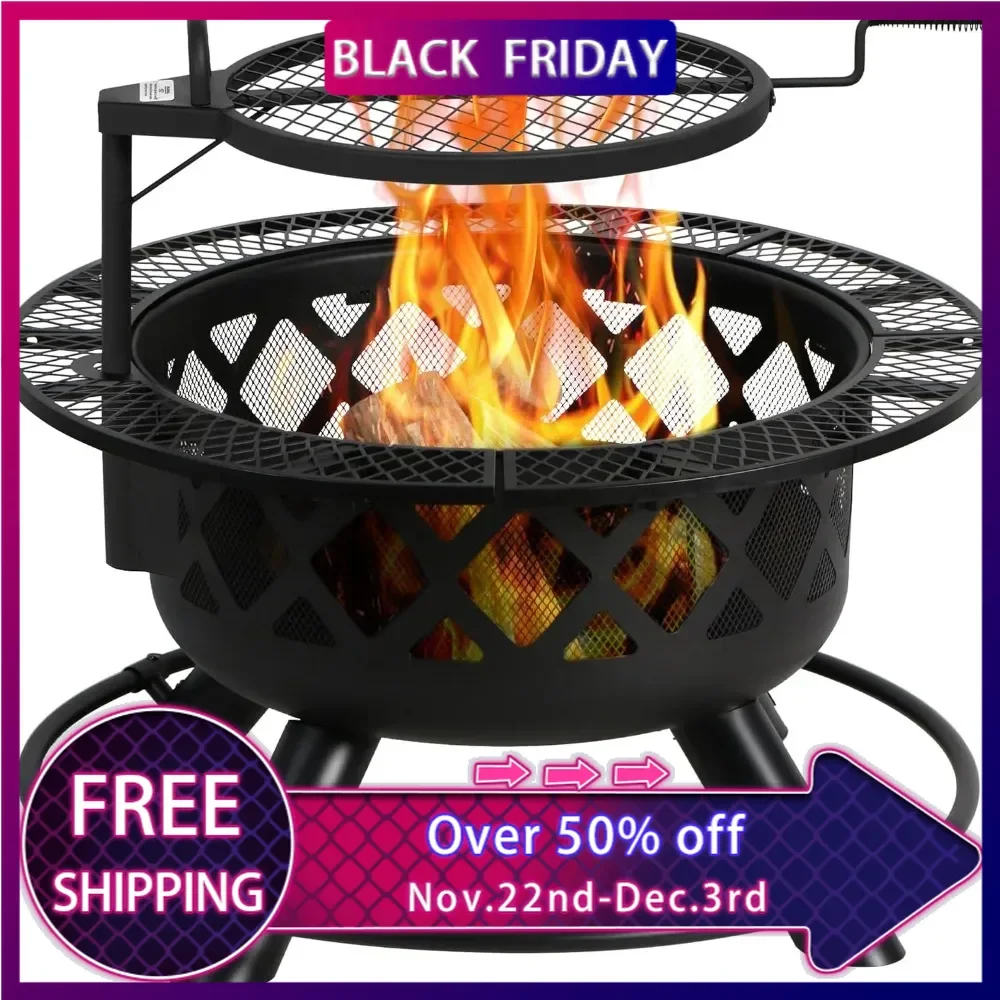 OUTDOORS Wood Burning Fire Pit with Quick Removable Cooking Grill, Black, 32in,Round Metal Table 3 in 1 for Patio,Picnic,Party