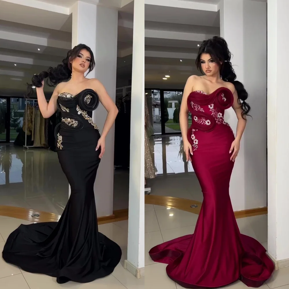 

Customized Ball Elegant Strapless Mermaid Evening Dresses Applique Flower s Formal Occasion Gown فساتين الحفلات 이브닝드레스 Выпускные