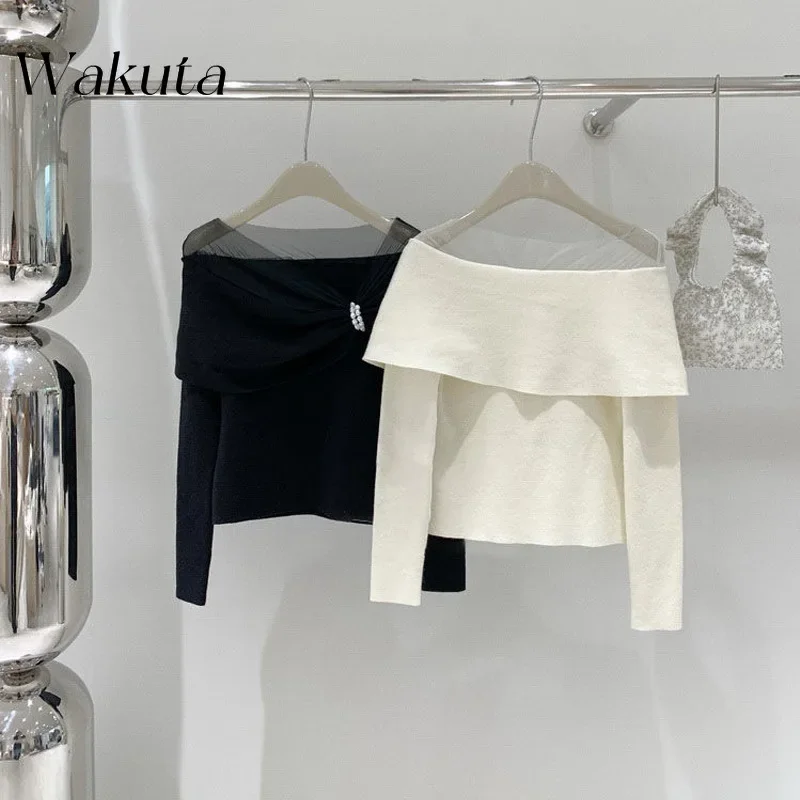 WAKUTA French Splicing Slash Neck Mesh Base Knitted Pullovers 2024 Autumn and Winter New Long Sleeved Pearl High-end Sweater