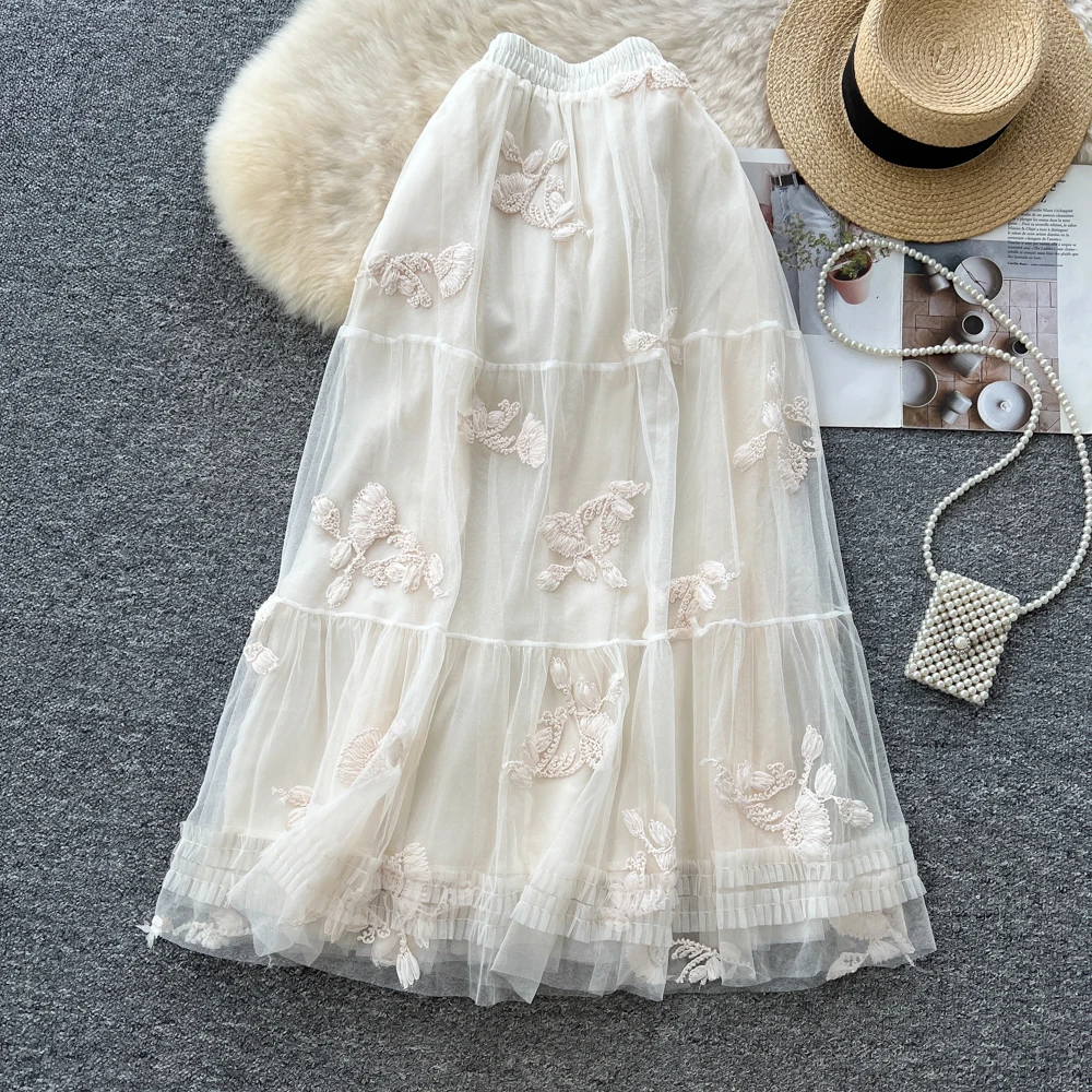 

Chic Vintage mesh Embroidered High Waist Straight Skirt Korean Streetwear Autumn women clothing