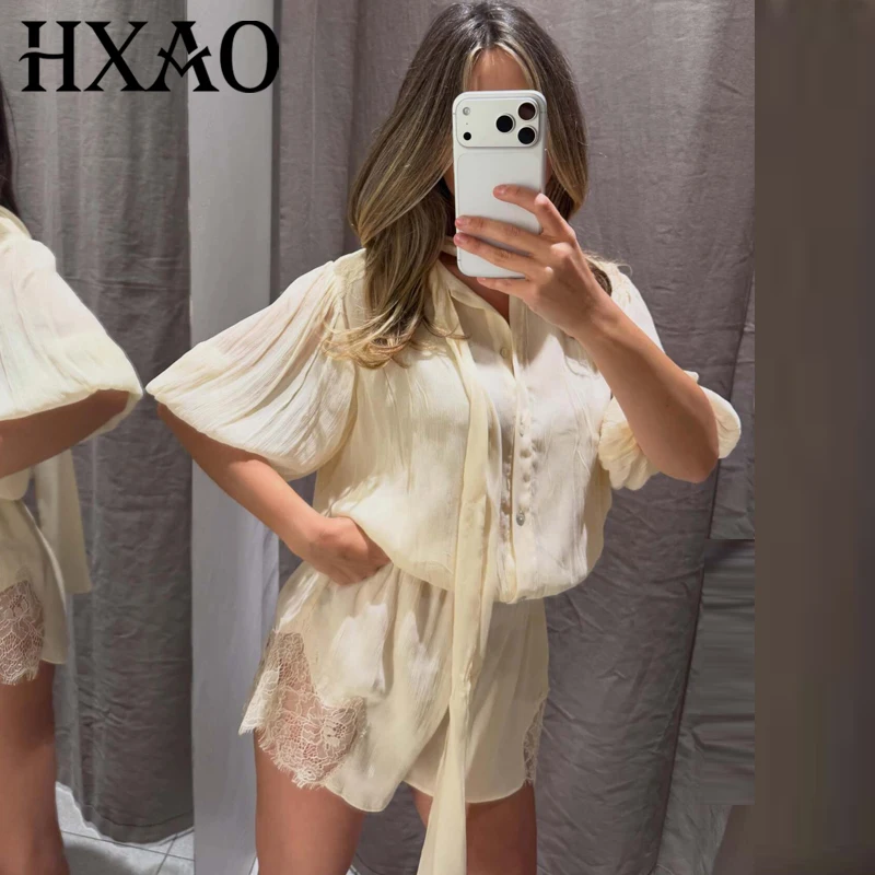 HXAO Women's Lace Short Jumpsuit Summer Women's Jumpsuit Bow Lace-Up Short Sleeve Button Up Shirt Elastic Waist Shorts Jumpsuits