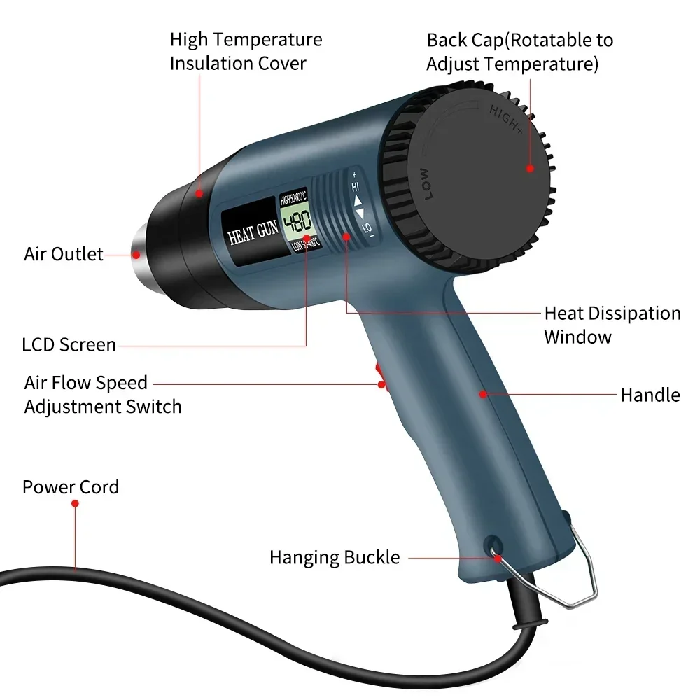 Power 2000W Fast Heating Variable Temperature Adjustable Two Air Flow Speed Heat Gun Hot Air Gun with LCD Digital Displaying