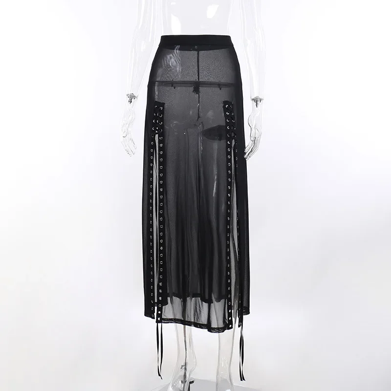 Goth Mesh Perspective Side Slit Skirt Lace Up Dark Punk Gothic Faldas Feminino Thin Summer Aesthetical Black Skirts