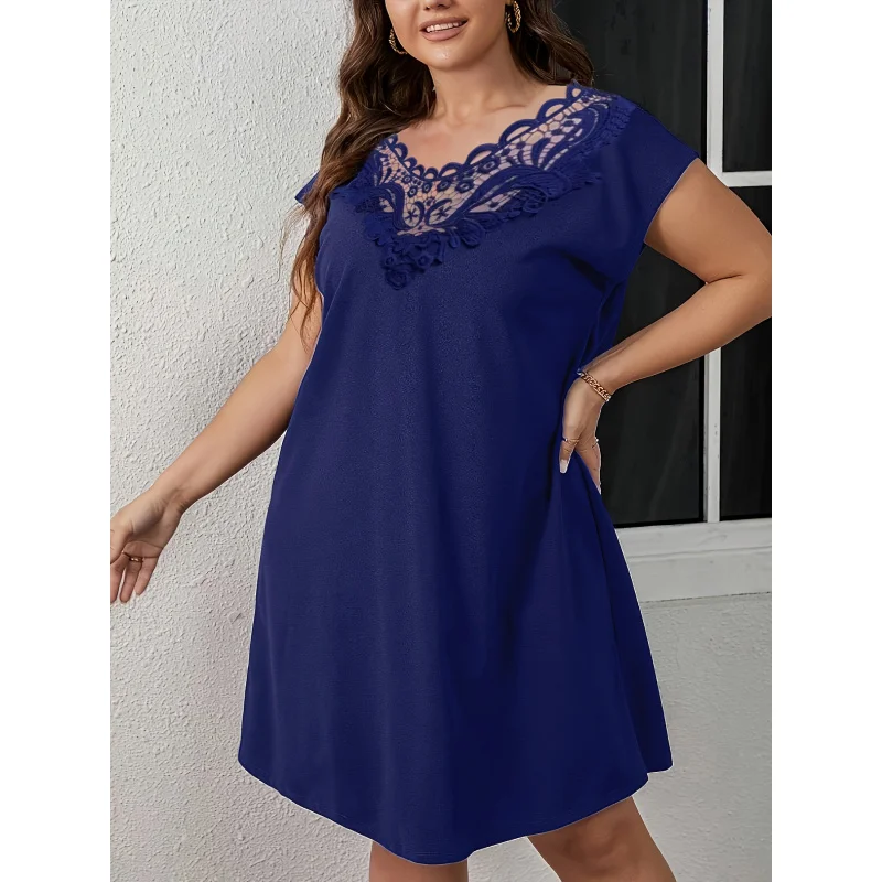 Plus Size Cross-Border European and American New Navy Blue Elegant Lace Stitching Summer Women's Date Mid-Length Dress