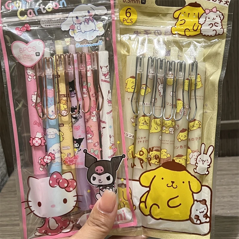 Sanrio Kawaii limited 1 bag of 6 gel pens cute Cinnamoroll My melody press cartoon high-value black refill 0.5mm holiday gift