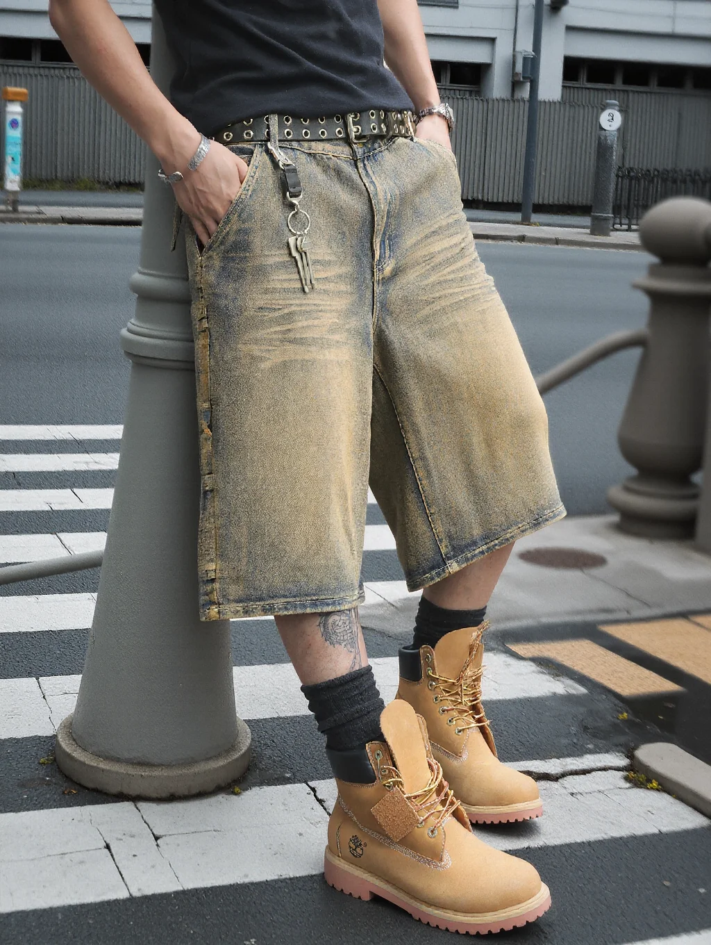 Men's Vintage Washed Denim Cargo Jort Baggy Wide Leg Knee Length Jean Shorts Streetwear Multi Pocket Loose Fit 3/4 Capri Pants