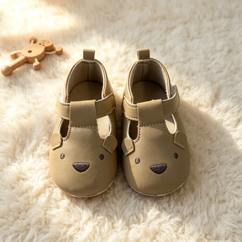Baby First Walking Shoes Soft Sole Anti-Slip Bear Embroidery Toddler Shoes Hook & Loop for Infant Boys Girls 0-18 Months