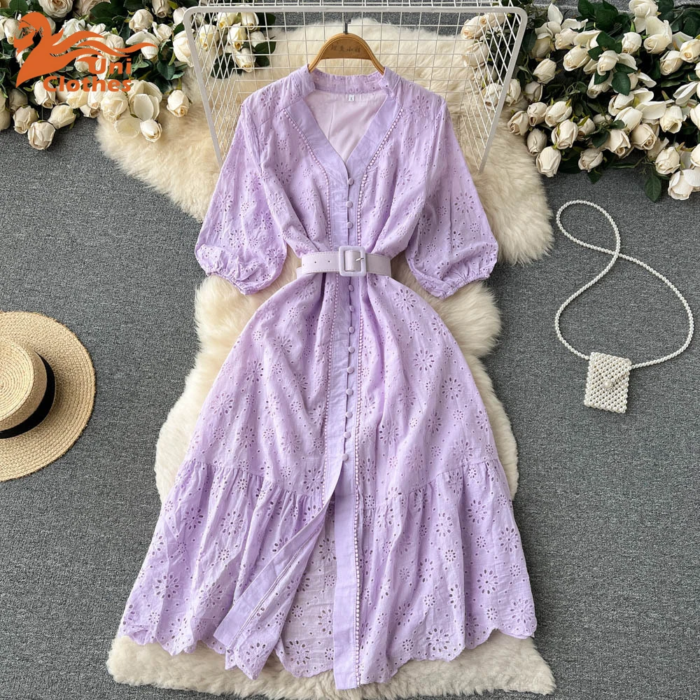 

UNI Summer Chic Casual Elegant Skirt Lapel Hollow Dress Women Fashionable Short Sleeve Belt High Waist Maxi Dresses Female