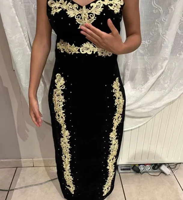 Algeria Evening Dresses Special Occasion Dresses Sleeveless Gold Applique Velvet Green Prom Dresses 2023 Caftan Maroquin Karakou