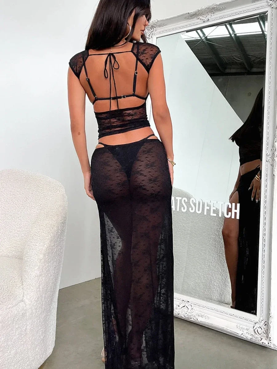 Combhasaki – ensemble 2 pièces en dentelle transparente pour femme, style Boho, manches cape transparentes, dos nu, haut court + jupe longue taille basse, fente haute