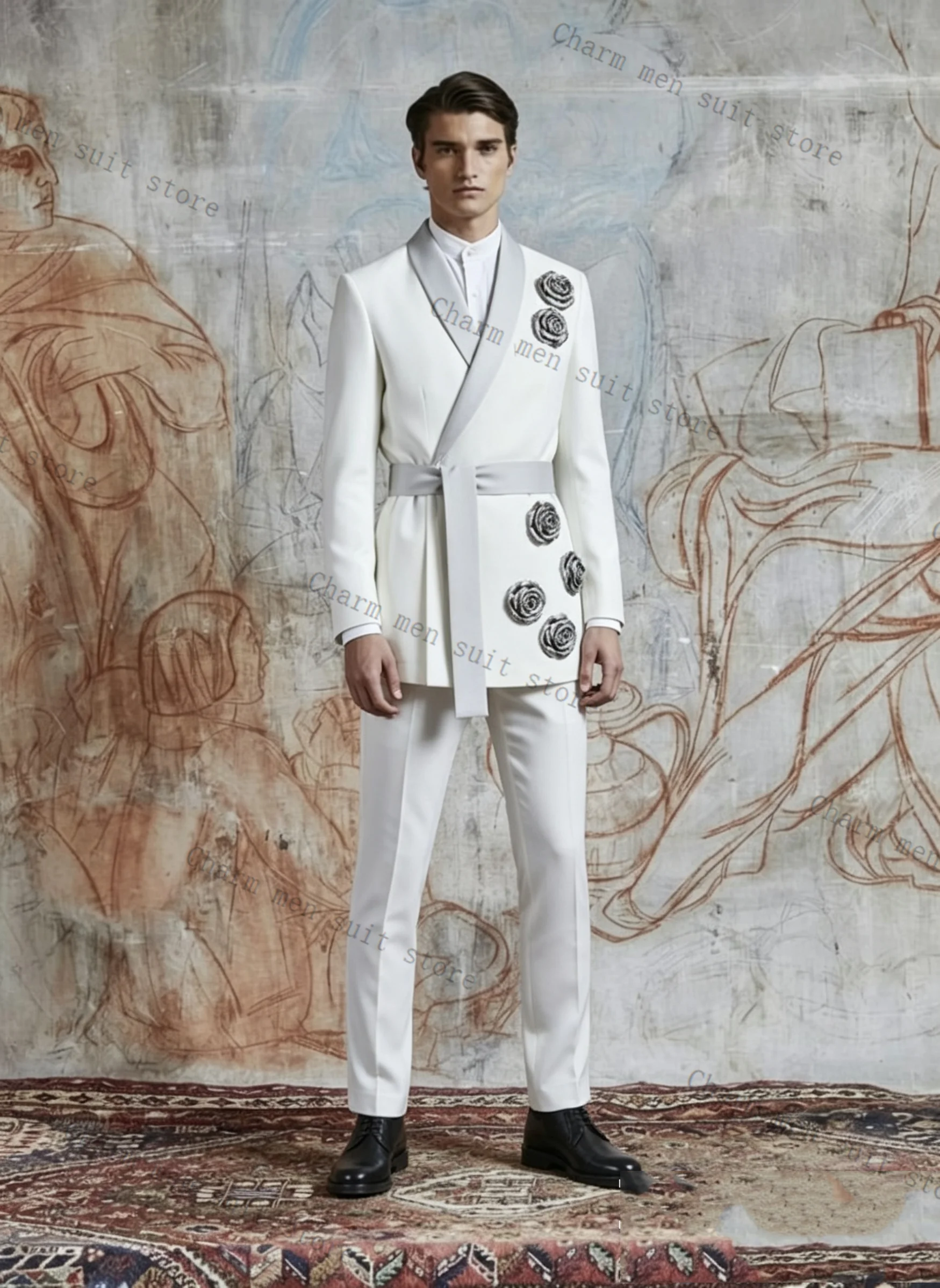 

White Designer Men Suits Set 2 Pcs Blazer+Pants Trouser Cotton 3D Flower Wedding Tuxedo Formal Office Business Groom Jacket Coat