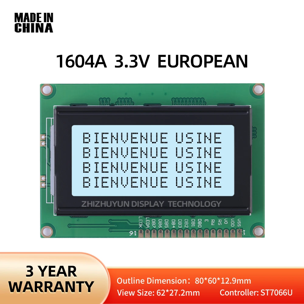 Módulo LCD europeo personalizado, película gris, texto negro, voltaje de 16x04, 5V, 3,3 V opcional, 1604A, 3,3 V