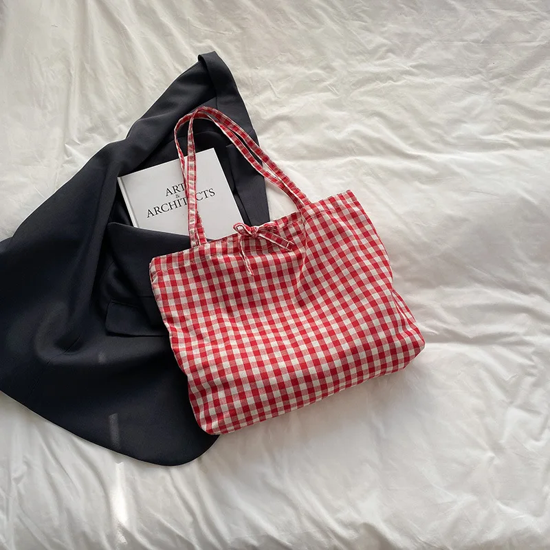 Summer New Red and White Grid Strap Bag, Korean Style Artistic Women's Bag, Fashionable Retro Versatile College Style Bags