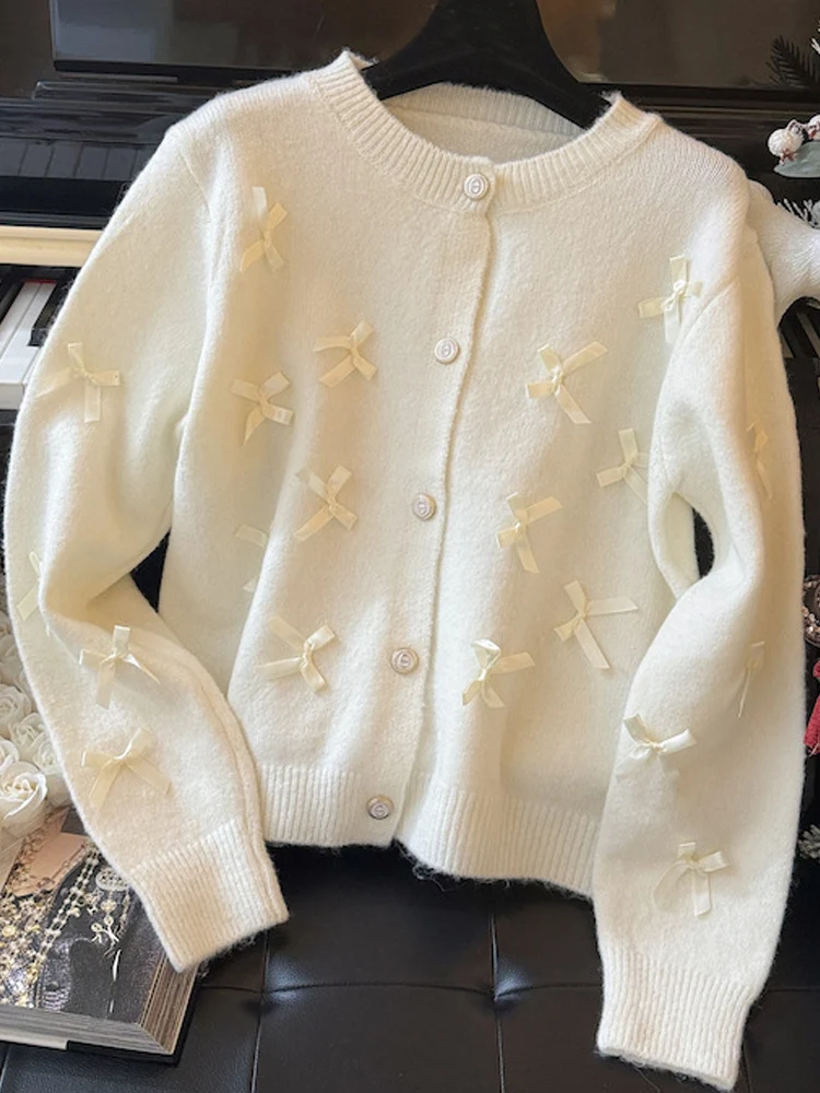 MSCSZ 2024 Autunno Grigio Cardigan lavorato a maglia maglione con fiocchi O-Collo monopetto elegante donna giacche maglia cappotto corto
