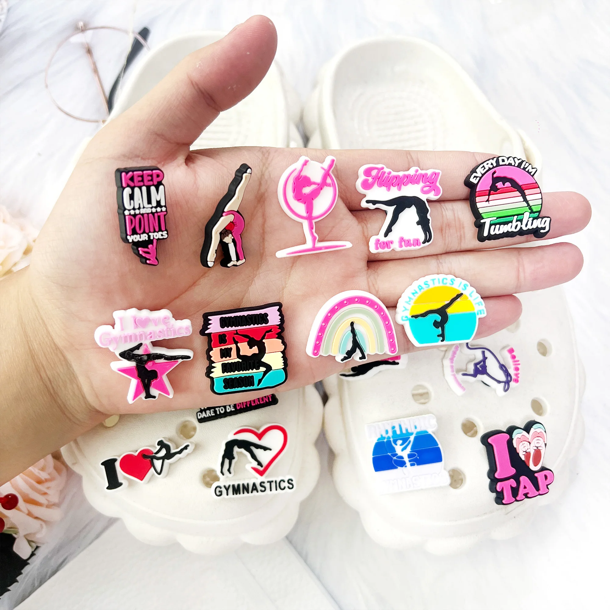 9-20Pcs Rhythmic Gymnastics Tumbling Flipping Ballet Swan Dance PVC Shoe Charms For Clogs Pins Sandals Shoes Slipper Accessories