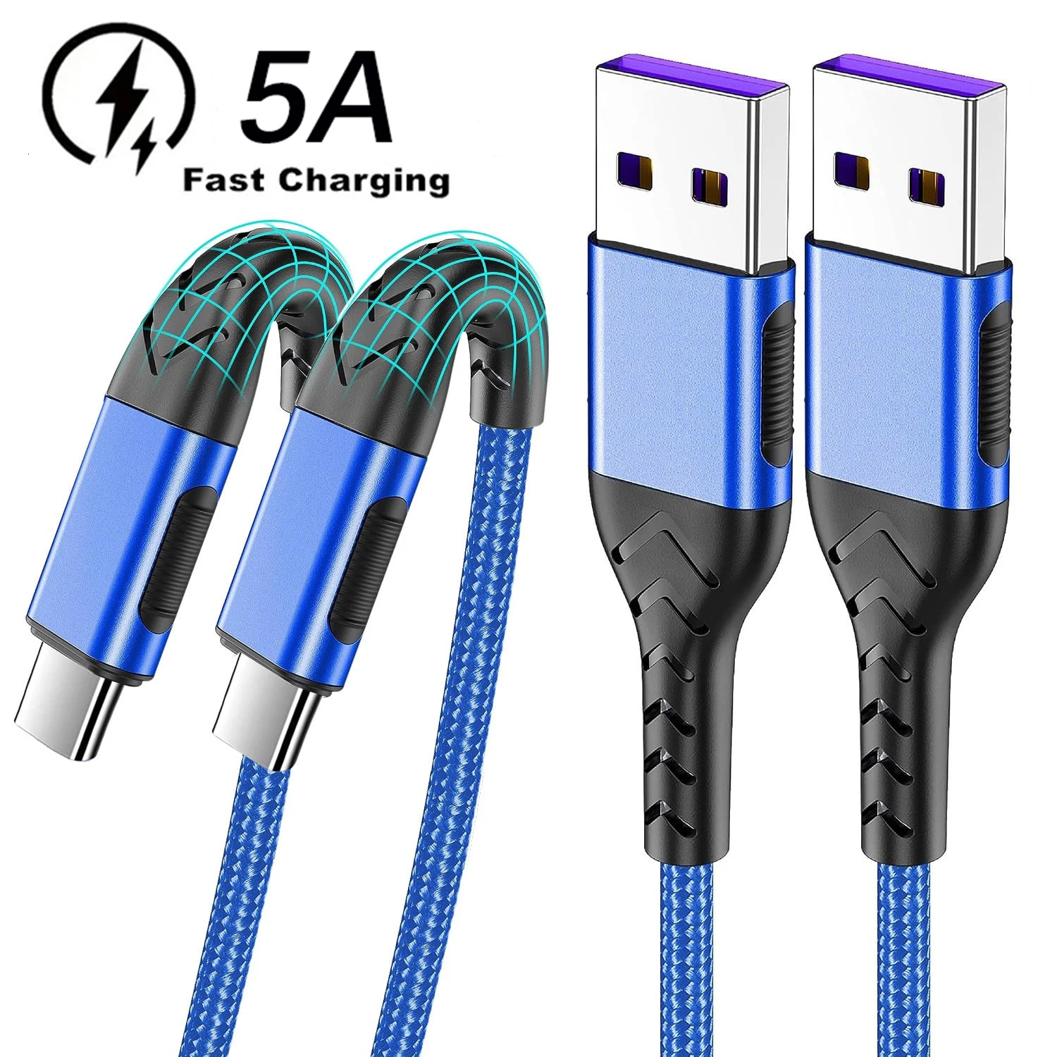 2pcs 5A Fast Charging Cord Type C Cable For Samsung Xiaomi Huawei Oneplus POCO OPPO Quick Charge USB C Cables Phone Charger