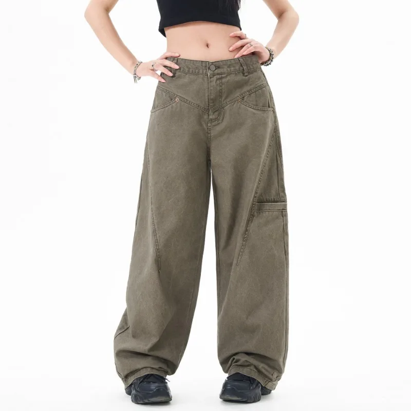 OR FL Retro Multiple Pockets American Style Staraight 100 Cotton Women Cargo Trousers Trendy Brand Design Sense Wide Leg Pants