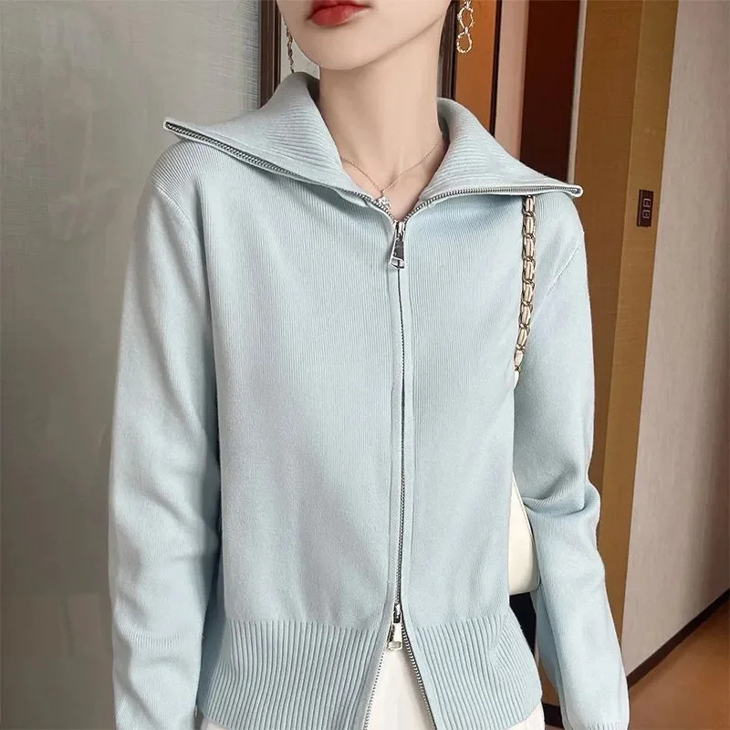 

Осень-зима, новый вязаный кардиган с длинными рукавами, женский модный повседневный вязаный свитер с двойной молнией, женский трикотаж, топ