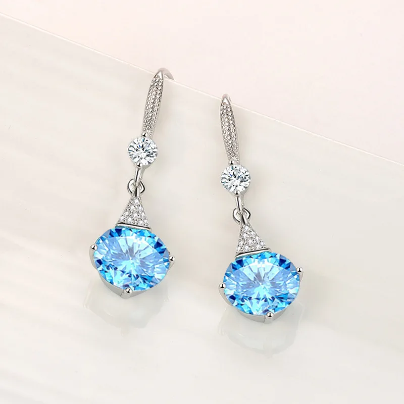 Inlaid Zircon Blue White Geometry Water Droplet Ear Hook Korean Version Silver 925 Earrings for Women Jewelry KOFSAC