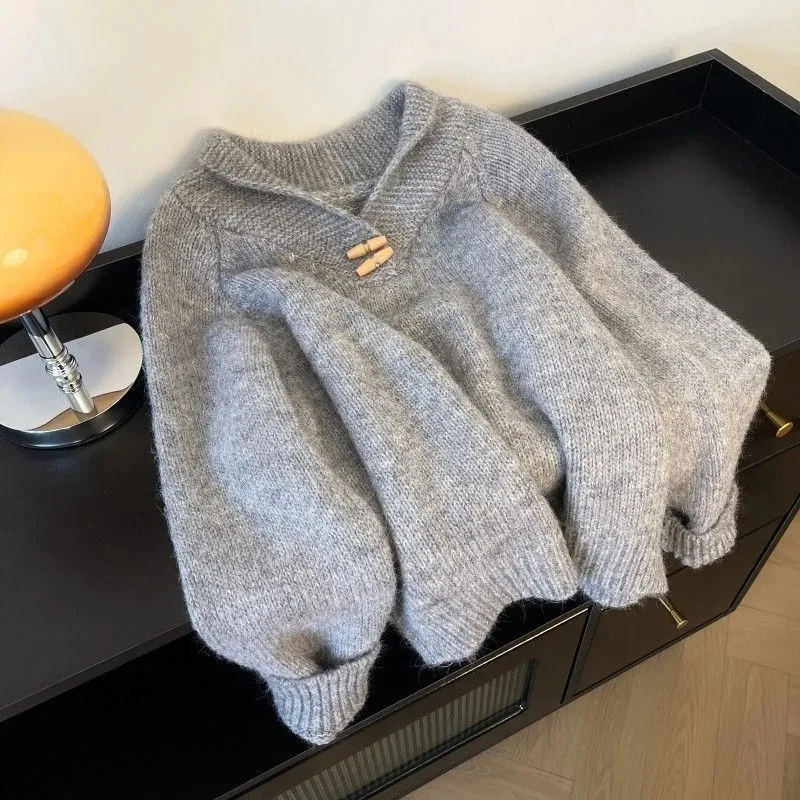 

Sweet Chic Knitted Sweater Women Long Sleeve Horn Buttons Lazy Wind Pullovers Female Loose Casual Fashion Soft Knitwear Jumpers