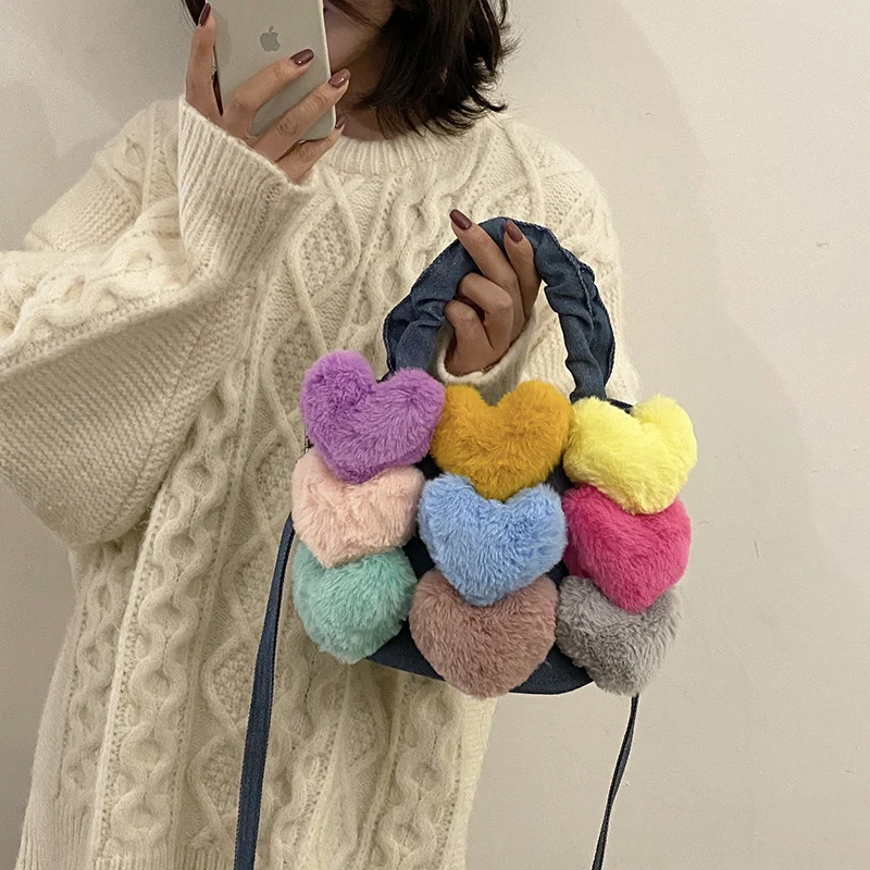 Fur Heart Shoulder Bags For Women Winter Denim Crossbody Bags Cute Pleated Top Handle Tote Bag Korean Jeans Female Handbags Y2K