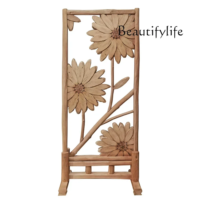 

O Natural Solid Wood Screen Log Design Living Room Background Wall Creative Sunflower Art Decorative Painting Partition