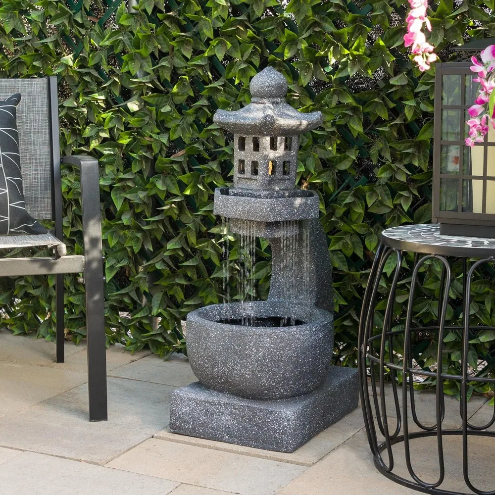 Outdoor Floor Tranquil Zen Pagoda Water Fountain w/LED Lights & Illuminated Stone Bowl 31