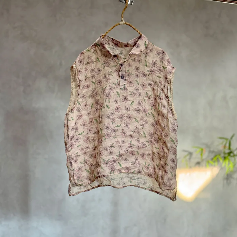 Women Vintage Ramie Thin Blouses 2026 Summer Floral Printed Peter Pan Collar Sleeveless Tops Ladies Chic Button Female Blusas