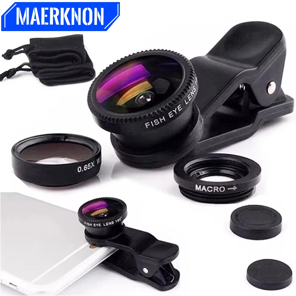 3 in 1 Fisheye 0.67X Wide Angle Micro Camera Lens For iPhone 15 Samsung Xiaomi Smartphone Fish Eye Zoom Lens Kit With Phone Clip