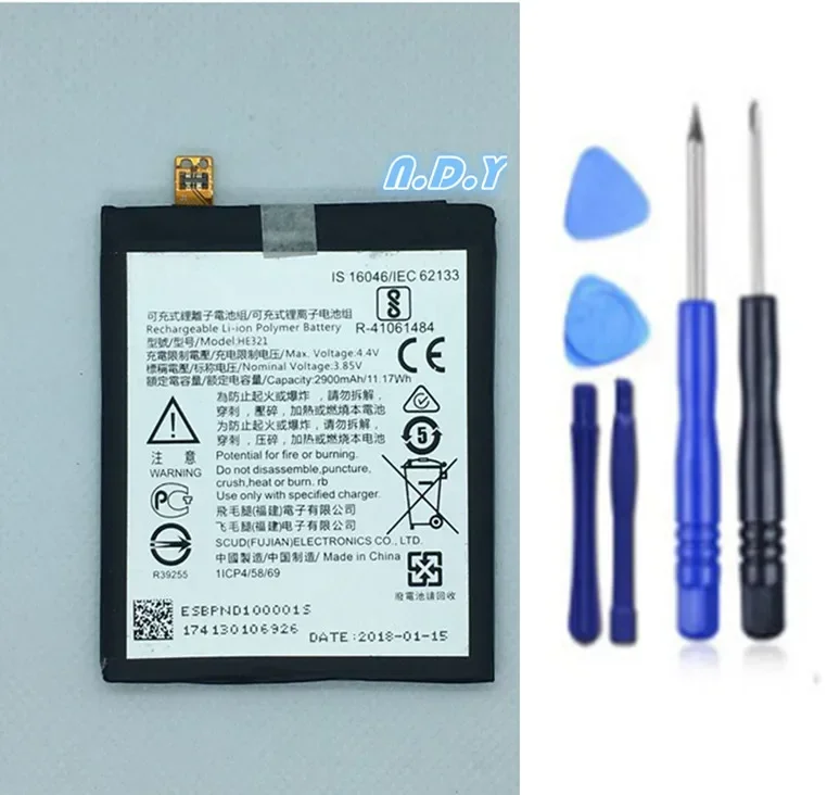 

Original HE321 2900mAh Battery For Nokia 5 Nokia5 Dual SIM (TA-1053 DS) N5 Batteries Bateria + Free Tools