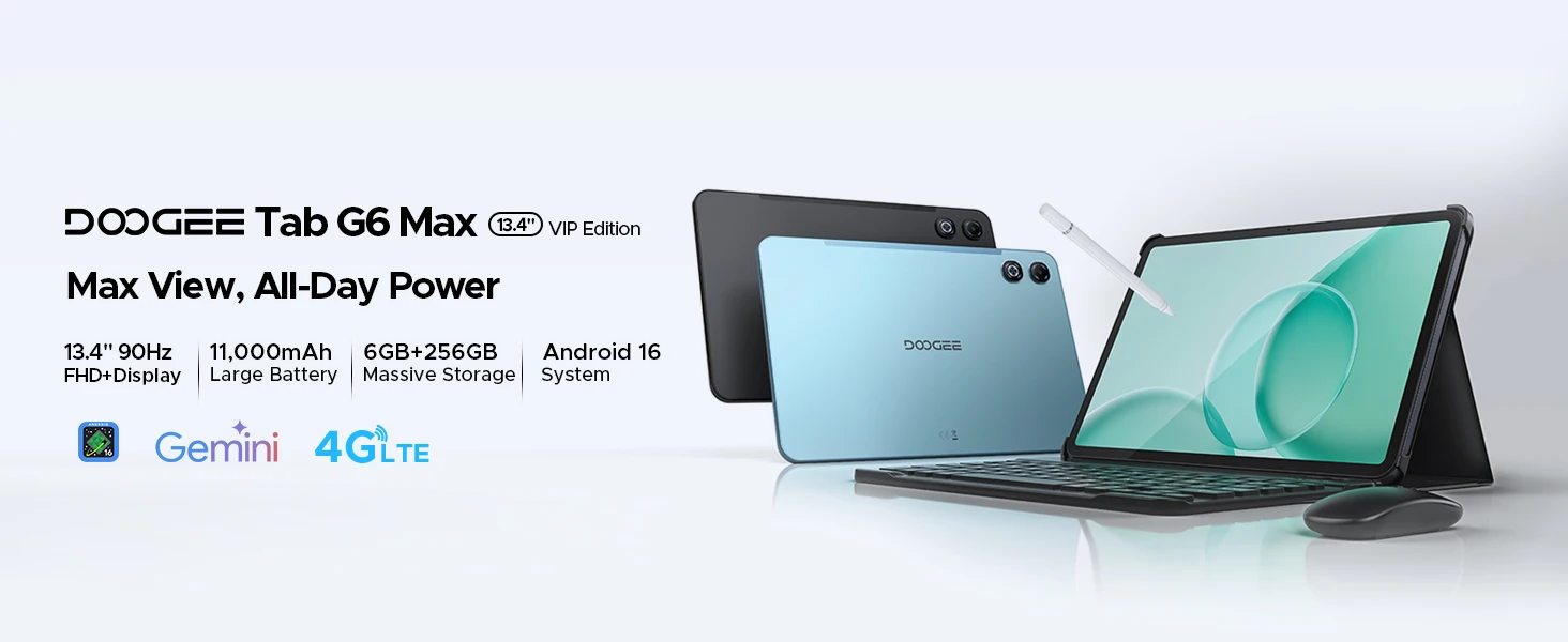 DOOGEE 2 in 1 Tablet PC Tab G6 Max Gemini Ai Android 16 13.4'' 32GB(6+26) RAM 256GB ROM 11000 mAh Battery 7.7 mm Slim Widevine L1 Support Smart Tablet