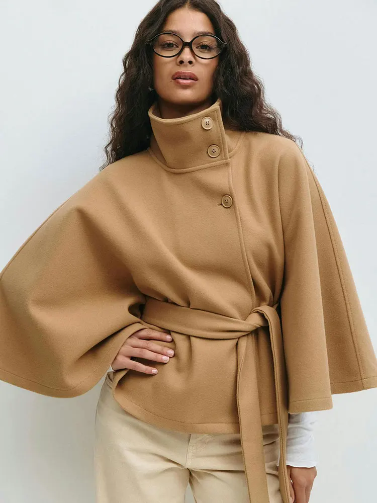 

GACVGA Elegant vintage Cape Coat Fashion Loose Stand Neck Belt Female Streetwear 2025 Autumn Winter Casual Lady Outwear