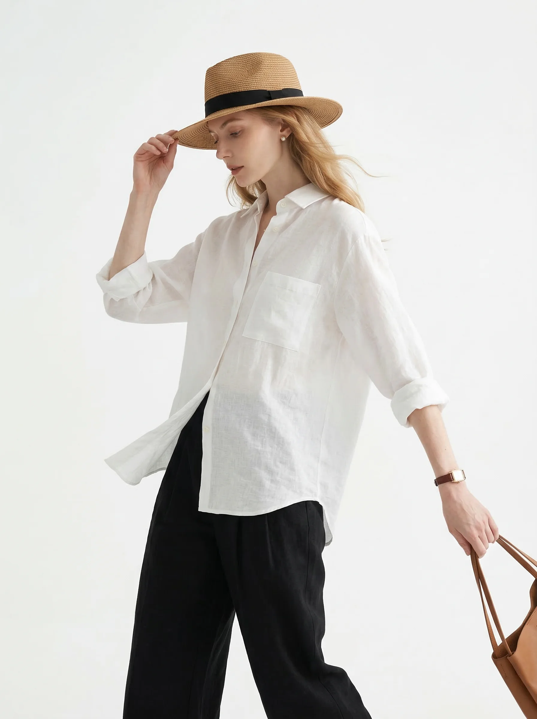 

BW Linen Shirt Women's Loose Fit Casual Style Long Sleeve Classic Collar High Intelligence Sensation Lazy Minimalist Fashion