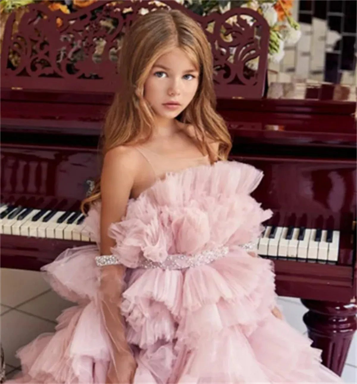 Vestidos de niña de flores con volantes, tren largo escalonado, cuello transparente, boda, flor elegante, primer vestido de fiesta de cumpleaños