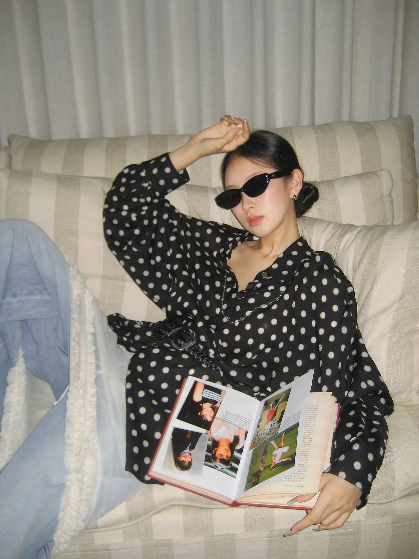 

Шелковая блузка DEARSOCUTE с длинным воротником в горошек, свободного кроя, 100% шелк, стандартная длина, весна-лето, купить в магазине Hand Store