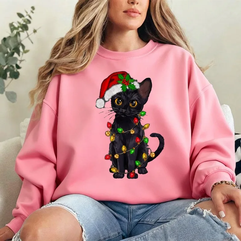 عيد الميلاد سترة القطة السوداء، قميص أضواء عيد الميلاد القط الأسود، قميص عيد الميلاد هريرة عطلة القط عاشق المحملة الهدايا الحرارية هوديي #3