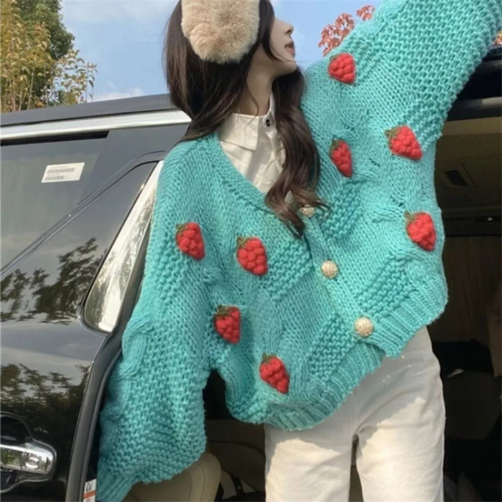 

Gentle Strawberry Cardigan Loose Fit V-neck Chunky Knit Sweater Short Top Soft Knitted Cute Strawberry Sweater Teen-girl Fashion