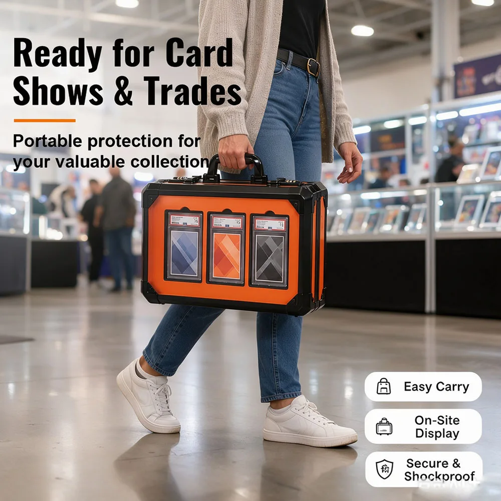 Graded Card Storage Box 3 Display Slots Dual Combination Lock Aluminum Case Holds 80+ PSA BGS CGC Magnetic Card Holders Trading