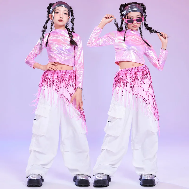 Kid Hip Hop Clothing Pink Laser Crop Top Long Sleeve T Shirt White Casual Ruched Cargo Pants for Girl Jazz Dance Costume Clothes