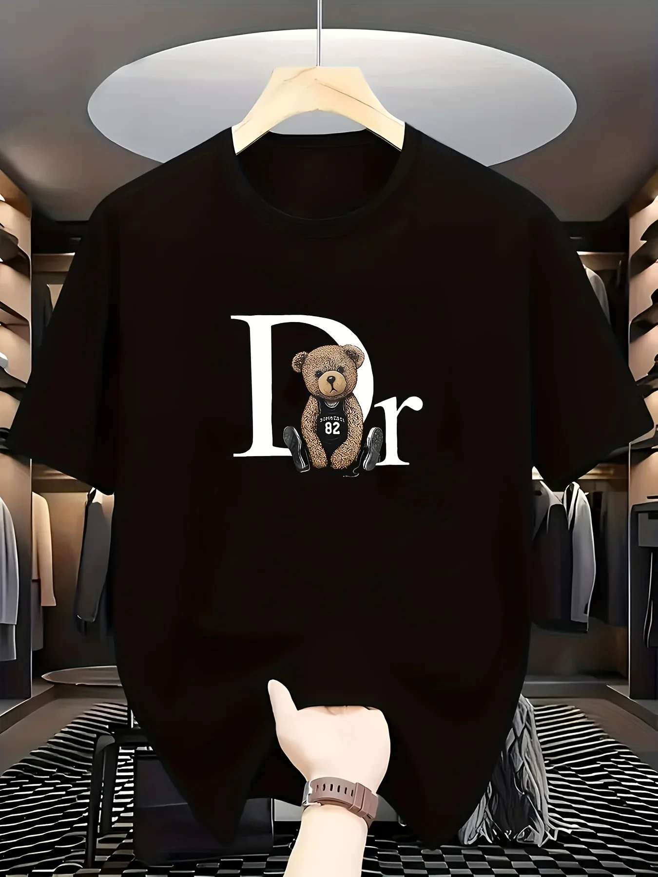 Sleeve Round Neck Casual Attire Playful Teddy Print Summer Casual Graphic T-Shirt Geometric Print  Aesthetic Clothes