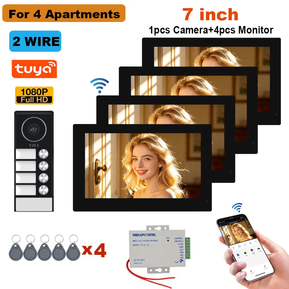 

2/3/4 Unit 5G WiFi Tuya Video Doorphone 2 Wire Home 7 inch Video Doorbell Intercom System Apartments Residential RFID APP Unlock