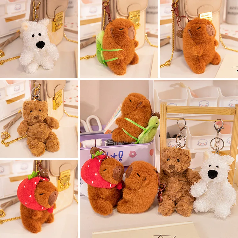 

12cm Creative Fluffy West Highland Dog Teddy Bear Capybara Wear Strawberry Scarf&Turtle Backpack Plush Pendants Girls Xmas Gifts