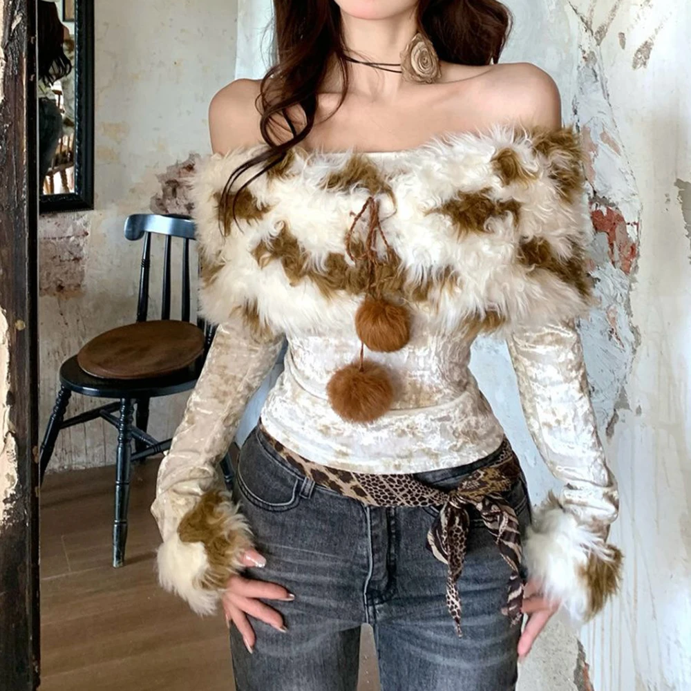 

Retro fur patchwork new one line long sleeved T-shirt autumn design spicy girl versatile horn short style slimming top