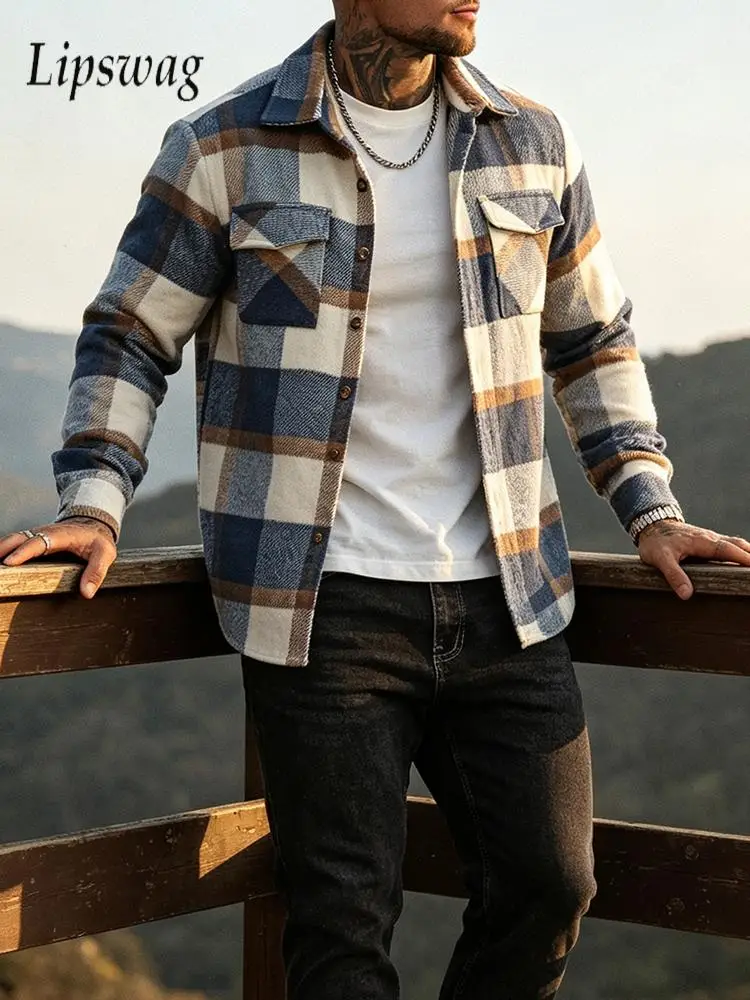Retro Plaid Woolen Shirt Jackets Men Fall Fashionable Turn-down Button Loose Outerwear Daily Leisure Mens Contrast Color Coat