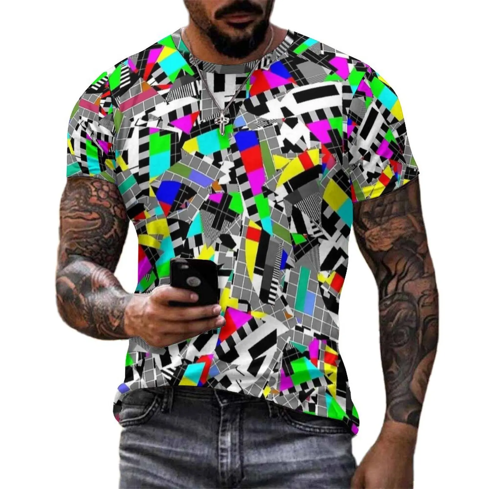Plus Size T-Shirt Summer Retro Glitch Block TV Test Image Print T-Shirts  Street Style O Neck Tshirt Couple Hip Hop Custom Tops