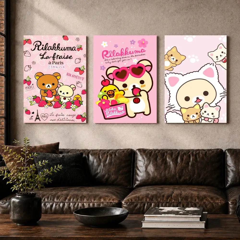 Cute Anime Bear R-RilakkuMAs Framed Wall Painting Ready to Hang Canvas Poster for Bedroom Living Room Hallway Home Decor Gift